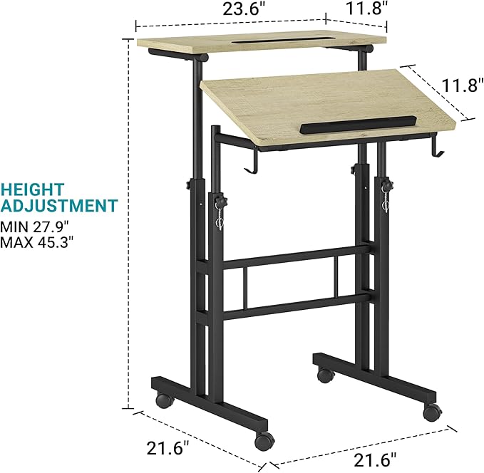 Klvied Stand Up Desk on Wheels, Portable Computer Desk for Home Office,Rolling Desk for Laptop with Removable Cup Holder, Adjustable Laptop Cart for Standing or Sitting,Grey