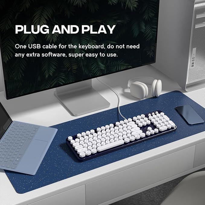 Computer Keyboard Wired, Plug Play USB Retro Round Typewriter Keyboard, Full Size Wired Keyboard with Foldable Stands for Laptop and Office PC
