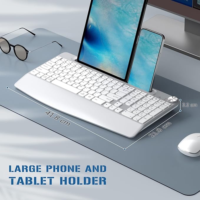 JOYACCESS Ergonomic Wireless Keyboard Mouse Combo, Full Size Wireless Keyboard Designed with Phone Holder and Wrist Rest,Volume Roller for Computer Mac PC Laptop-Silver