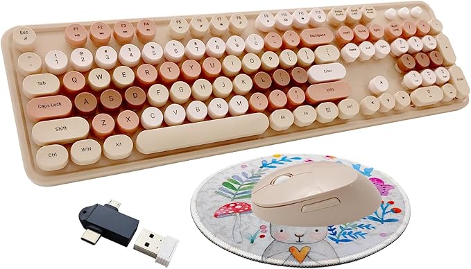 Wireless Keyboard and Mouse Combo, Ergonomic Cute Retro Typewriter Full Size Colorful USB Cordless Keyboard Mouse Set for Gaming and Office (Milk Tea)