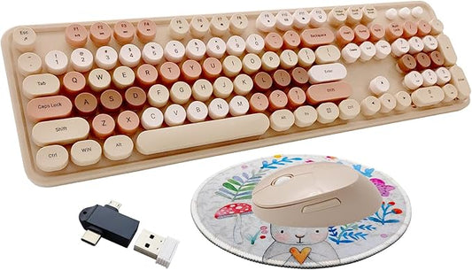 Wireless Keyboard and Mouse Combo, Ergonomic Cute Retro Typewriter Full Size Colorful USB Cordless Keyboard Mouse Set for Gaming and Office (Milk Tea)