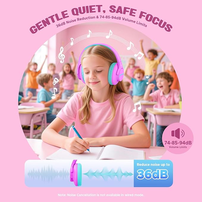 Steellumen Nova1Lite Kids Wireless Active Noise Cancelling Headphones, Bluetooth 5.3, Safe Volume 74/85/94dB, Real 40H Battery, Type-C Fast Charging, boy Girl Built-in Mic for School Travel Airplane