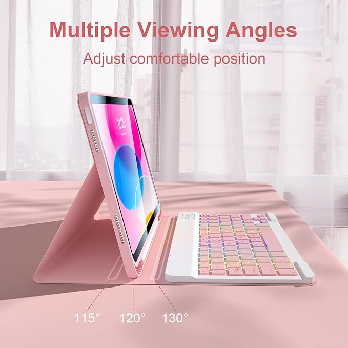 for iPad 11th 10th Generation Case with Keyboard 10.9 Inch 7Color Backlit Detachable Wireless BT Keyboard Folio Protective Case with Pen Holder for New iPad 10th Generation 2022 (Pink)