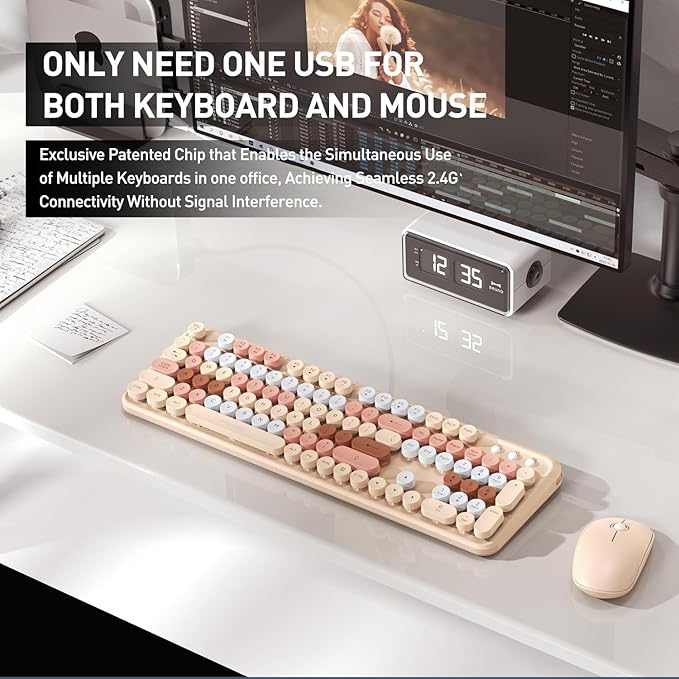 Cute Retro Wireless Keyboard and Mouse Combo with Round Key, 2.4Ghz Dropout-Free Connection, Typewriter Wireless Keyboard and Mouse Set for PC, Laptop, Desktop Computer - Brown Colorful