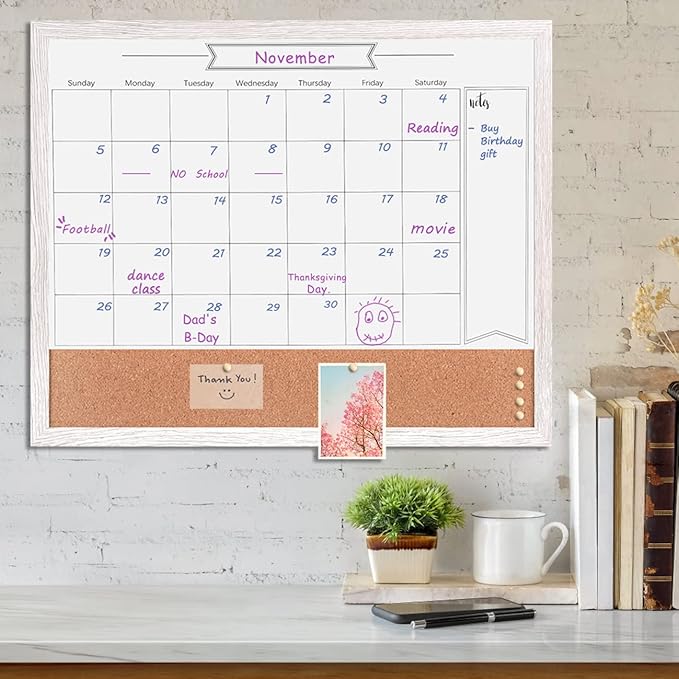 Dry Erase Calendar Whiteboard for Wall, Combination Magnetic Dry Erase White Board & Bulletin Board, 23.6" x 31.5" Wood Framed Calendar/Cork Combo Board (WH-6080)