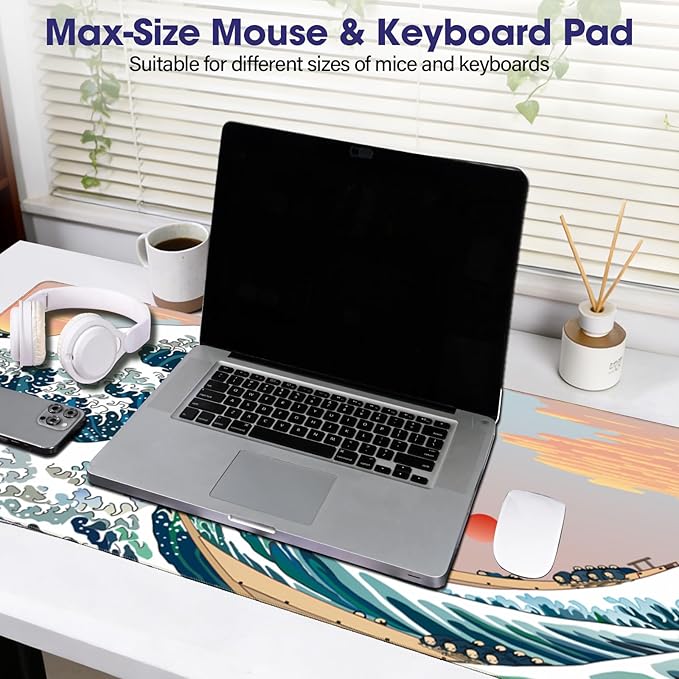 Japanese Sea Wave Large Gaming Mouse Pad – 31.5" x 15.7" Full Desk Mat, Non-Slip Rubber Base, Stitched Edges, Waterproof Durable Surface for Esports, Office, Home