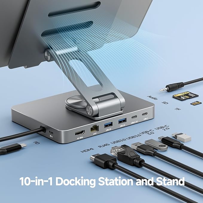 iPad Pro USB C Hub Stand,10 in 1 Rotatable Multiport Adapter for iPad M4 M3 M2 Inch Docking Station 4K 60Hz HDMI, PD, SD/TF Card Reader, USB 3.0, 3.5mm Audio, iPad Accessories for Home Office