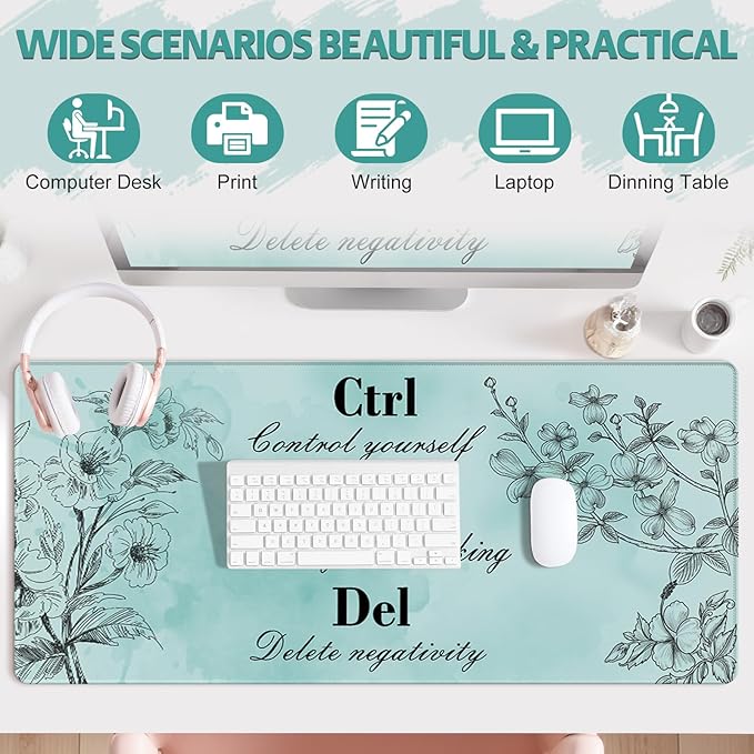 Desk Mat for Keyboard and Mouse, Large Mouse Pad for Desk, Non-Slip Keyboard Pad, Computer Mats for Desktop, Cute Pad with Stitched Edges for Office, Gaming I Mint Green Ctrl Alt Del