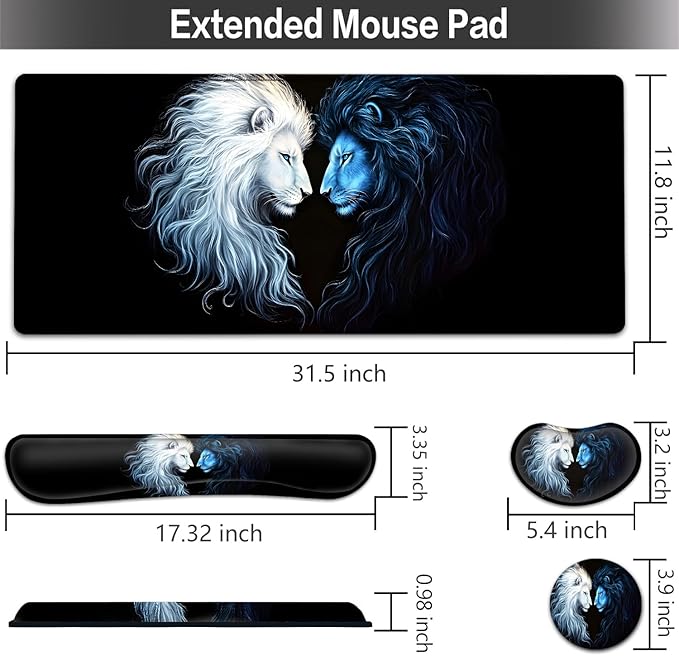 Large Mouse pad and Keyboard Support Set, Ergonomic Memory Foam Keyboard Wrist Rest, Extended Gaming Mouse Pad with Stitched Edges, Brother Lion XXL Desk Mat (31.5 X 11.8 in)