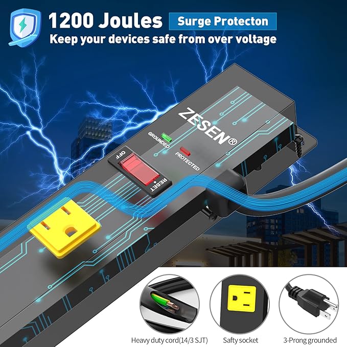 12 Outlet Long Power Strip with 6FT Power Cord, Industrial Heavy Duty for Work Bench Shop Garage, 2100 Joules Surge Protector, Wide Spaced Outlet Power Bar, ETL Certified, Black