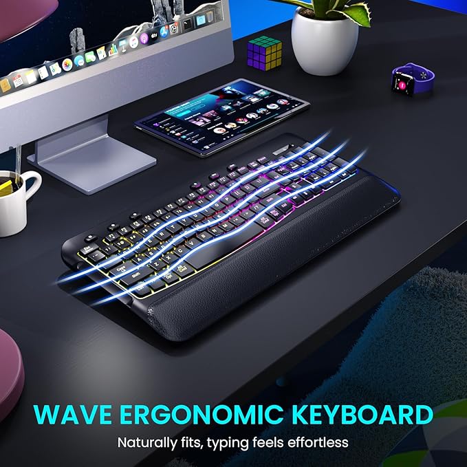 Wireless Keyboard and Mouse Combo, Ergonomic Wave, 9 RGB Backlit Effects, Leather Wrist Rest, Rechargeable 2.4G Silent Set for Computer/Windows/Mac, Black