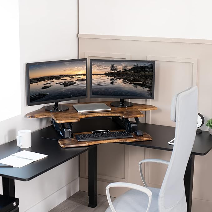 VIVO 43 inch Corner Height Adjustable Cubicle Stand Up Desk Converter, V Series, Quick Sit to Stand Tabletop Dual Monitor Riser Workstation, Rustic Vintage Brown, DESK-V000VCN