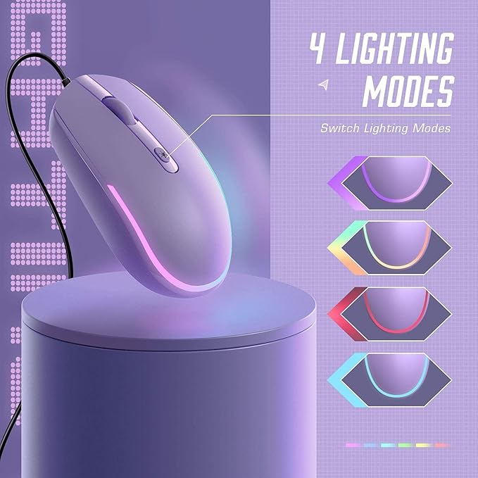 seenda Wired Mouse - USB Computer Mice Wired with RGB Backlit Optical LED Mouse with Attached USB Cord for Laptops Notebooks Chromebook - Purple