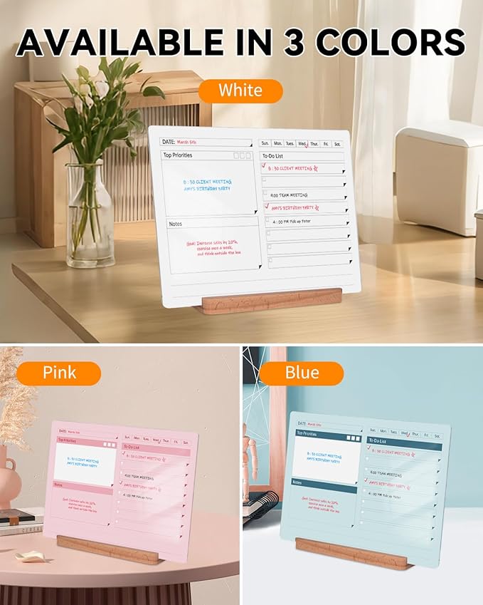 Acrylic Dry Erase to-Do List Board with Solid Wood Base, 9x13 Desktop Whiteboard Planner, Task Organizer for Office/Home/School, Includes 3 Dry Erase Markers (Blue)