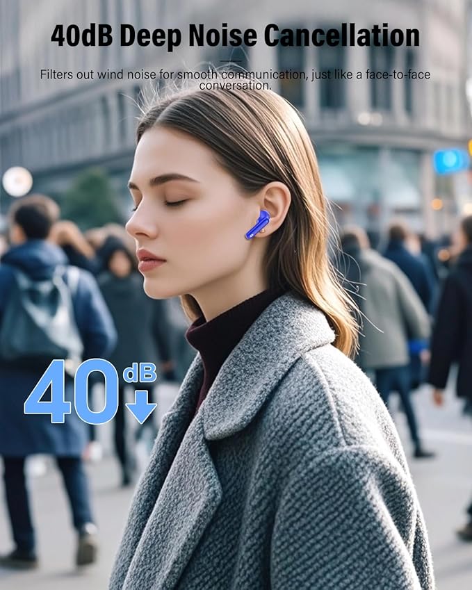 Btootos Wireless Earbuds, Bluetooth 5.4 Headphones Bass Stereo, Ear Buds with Noise Cancelling Mic, IP7 Waterproof in Ear Earphones, 36H LED Display Bluetooth Earbuds for Laptop Pad Phones, Navy Blue
