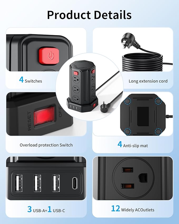 Power Strip Surge Protector, 10 Ft Extension Cord with 12 AC Multiple Outlets 4 USB (1 USB C), SMALLRT Power Tower Desktop Charging Station