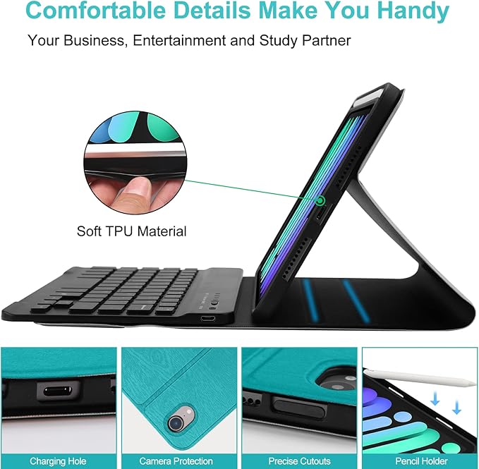 BORIYUAN iPad mini 7th (A17 Pro) Keyboard Case 2024, Detachable Wireless Bluetooth Keyboard Slim Folio Smart Cover with Pencil Holder for iPad mini 7th 2024/6th Generation 2021 8.3 inch - Green