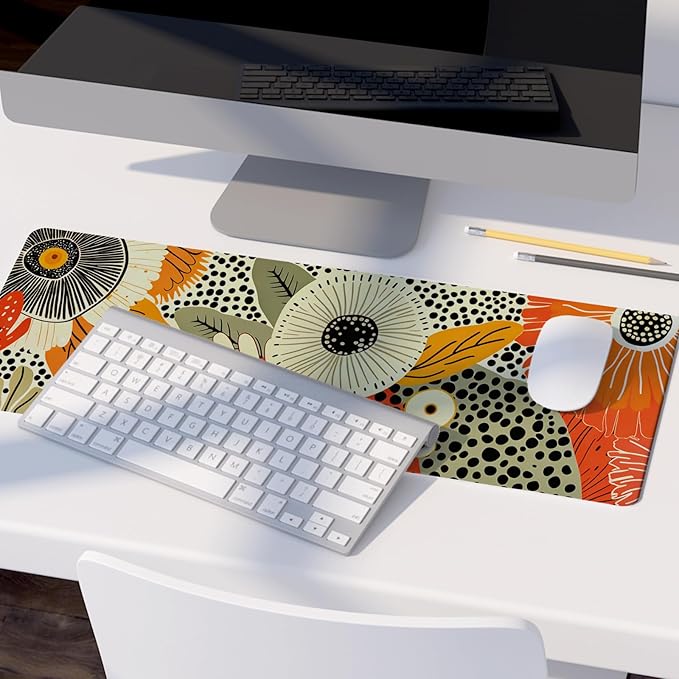 Boho Mid-Century Modern Floral Mouse Pad,XL Large Art Aesthetic Retro Abstract Flower Desk Mat,Summer Colorful Botanical Flower Mousepad for Home Office Dorm Desktop Decor,31.5x11.8 Inch