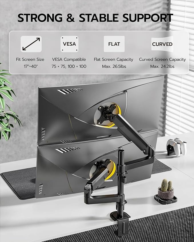 ARES WING Dual Monitor Mount - Ultrawide Monitor Arm for 40 34 32 27 Inch Heavy Duty Curved Screen Up to 26.4 lbs with Clamp/Grommet Desk Mount, 75/100 Vesa Mount, Black