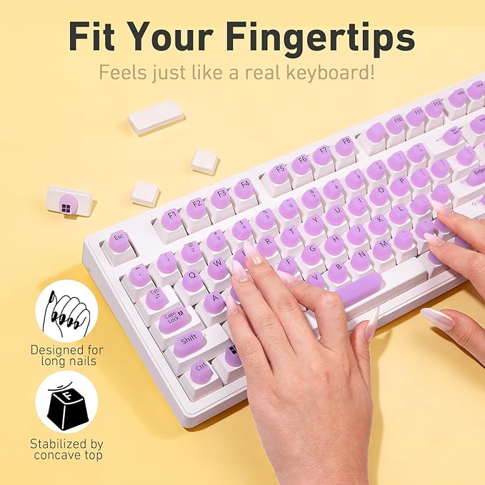 130 Pcs Keyboard Stickers for Long Nails, Ergonomics Raised Keyboard Stickers with Numbers, Self-Adhesive Round-Square PC Keyboard Tabs for Anti-Miss Typing (Purple)