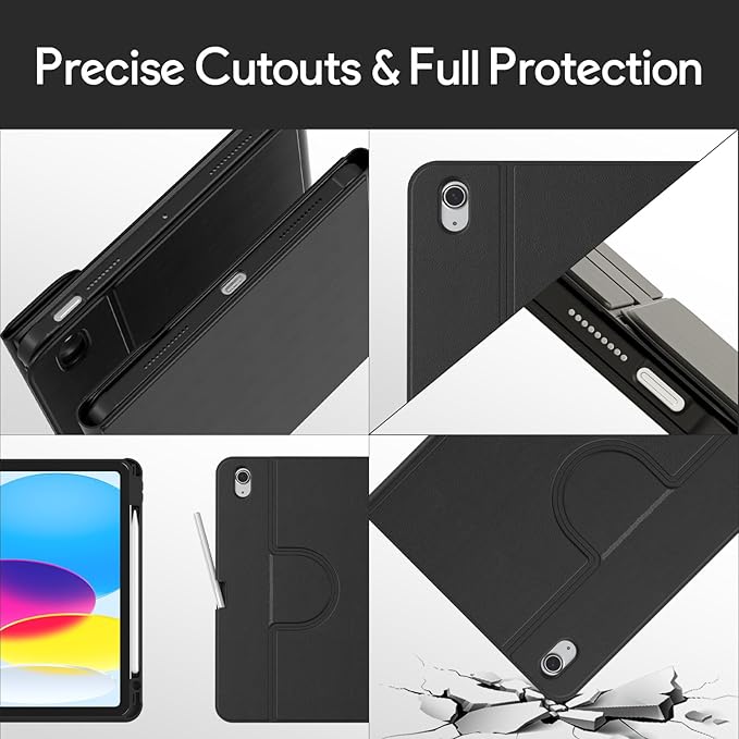 YBING for iPad A16 Case with Keyboard 11th &10th Generation, 360 Rotation Magnetic Cover with 7-Color Backlit Wireless Detachable Keypad with Pencil Holder for iPad 11th 2025/10 Gen 10.9" 2022 (Black)