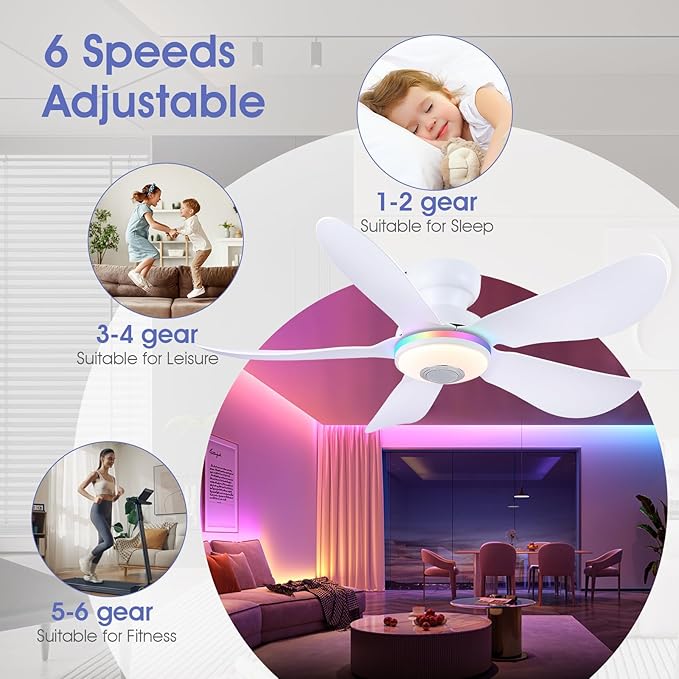 46" Ceiling Fans with RGB Lights Remote/APP Control, Flush Mount, 3 CCT Dimmable White Lights+RGB Ring Lights+Music Player, 5 Reversible Plastic Blades 6 Speeds for Party Bar, White