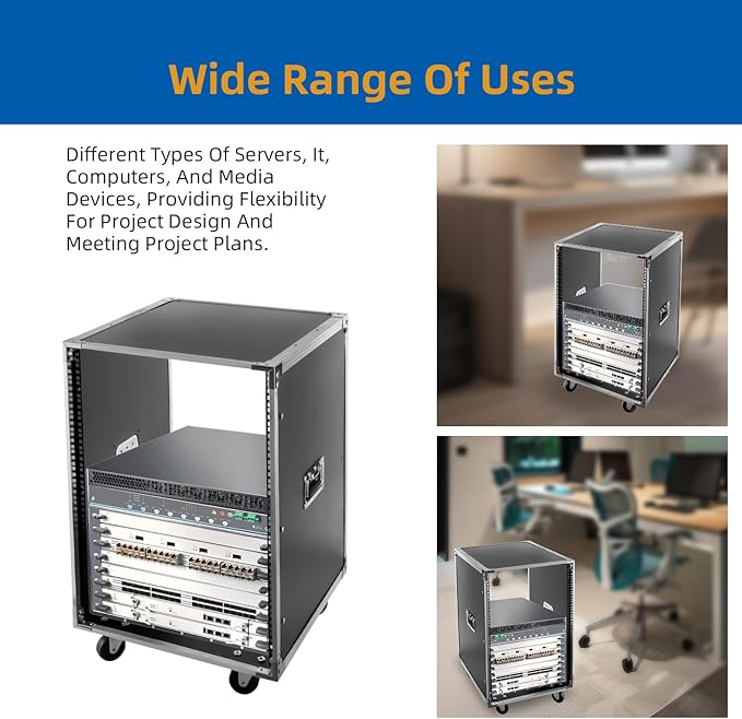 Portable Rolling Network Rack, 19 Inch 16U 4 Post Server Rack Open Frame Rolling Network Data Rack w/Casters, Metal Studio Rack Cabinet for Audio Video, Telecom, Equipment