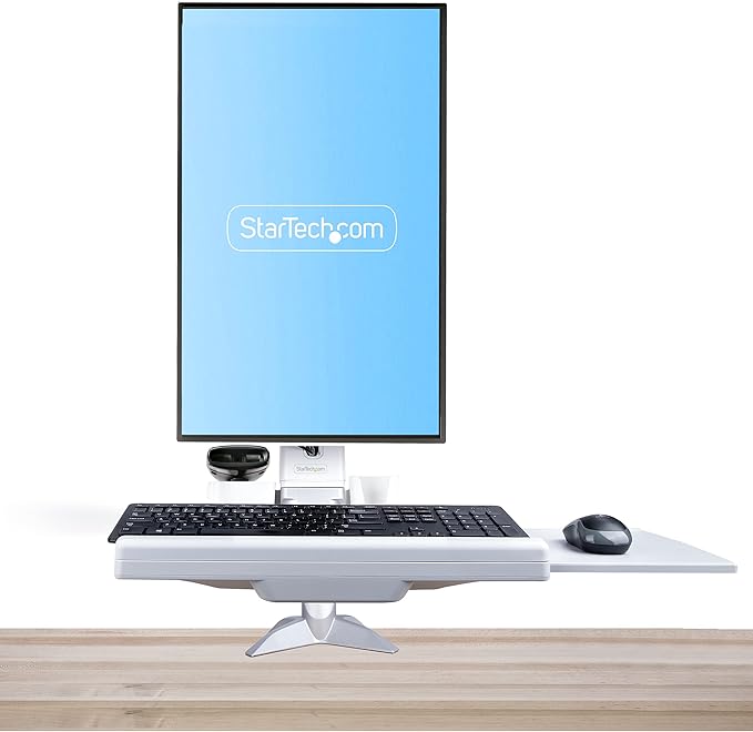 StarTech.com Sit-Stand Monitor Arm with Keyboard Tray - Adjustable Desk Mount Sit-Stand Workstation Arm for Single 27" VESA Display - Ergonomic Articulating Standing Desk Converter, TAA