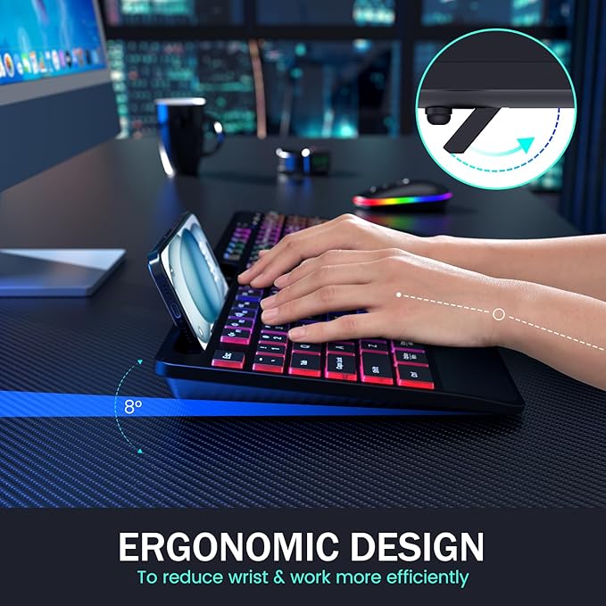 Wireless Keyboard and Mouse Combo - Dual System RGB Backlit Mouse and Keyboard,2.4G Rechargeable,Full-Sized Ergonomic Silent Design with Phone Holder for Windows Mac PC Laptop (Black-V2)