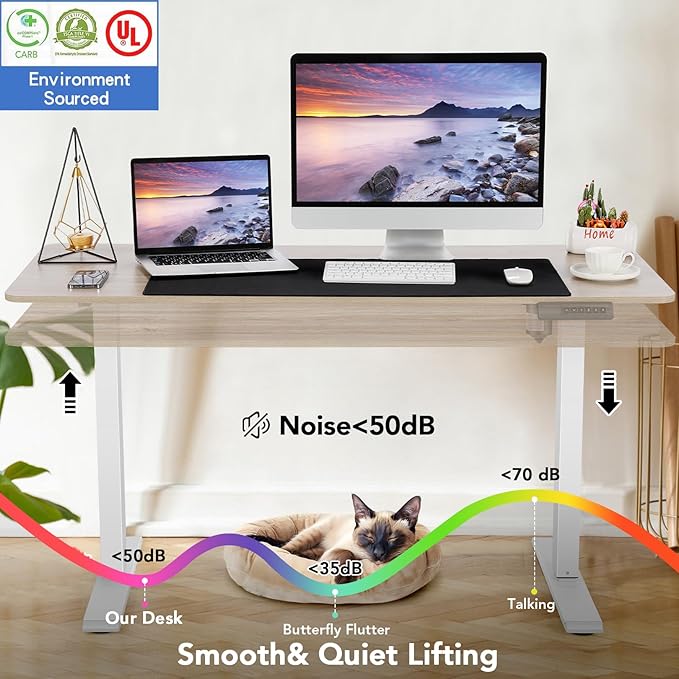 farexon Electric Standing Desk Adjustable Height, 71 x 28 Inch Sit Stand up Desk with Large Mouse Pad, Double Metal Hook,4 Wheels,4 Memory Preset Heights Home Office Computer Desk,Oak Grey