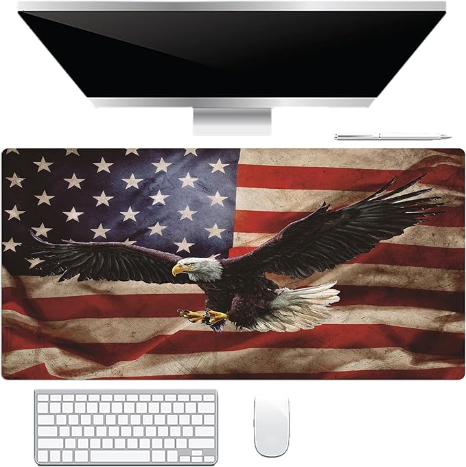 EOBTAIN Gaming Large Mouse Pad Vintage American Flag Desk Mat for Keyboard and Computer 31.5x15.7 Inch Non-Slip Rubber USA Bald Eagles XXL Mousepad with Stitched Edges for Office Laptop and Home