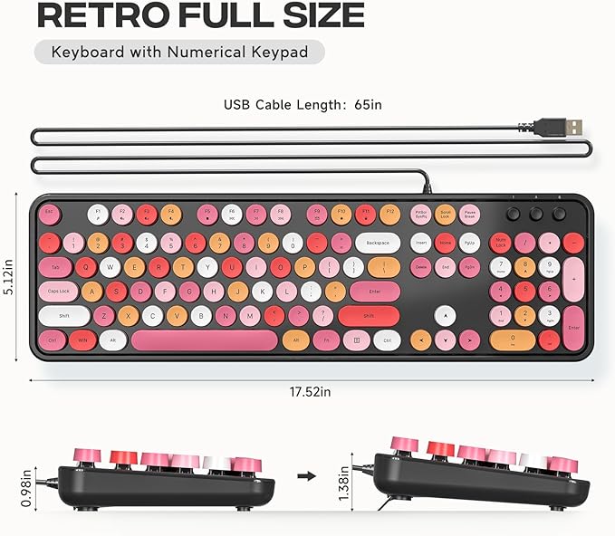 USB Wired Computer Keyboard - Retro Typewriter Keyboard - Full Size Office Keyboard with Number Pad, Caps Indicators, Foldable Stands, for PC Laptop Desktop Windows (Black Colorful)