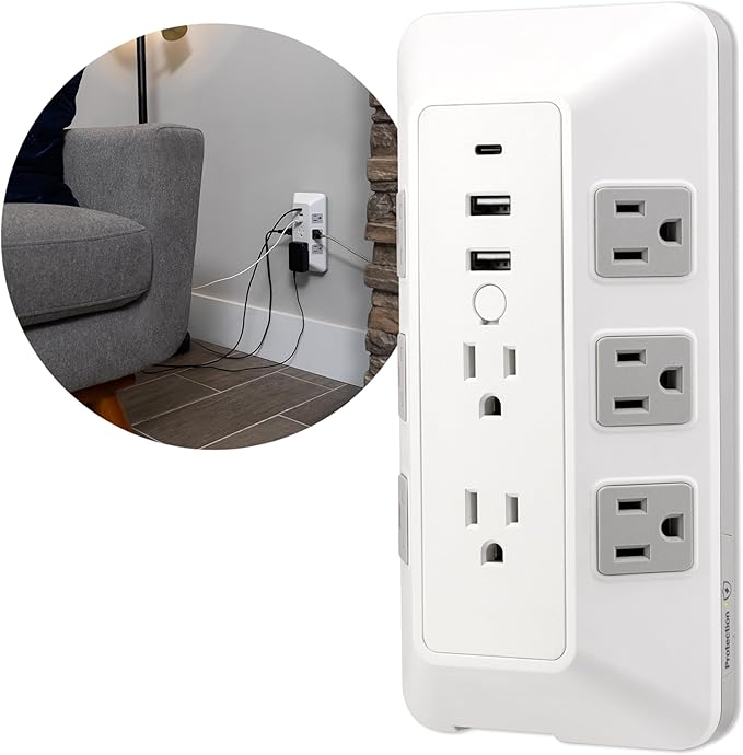 GE 8-Outlet Surge Protector with USB, Outlet Extender, 2 USB-A, 1 USB-C, Adapter Spaced, Multi Plug, Charging Station, for Home School and Office, 2000 Joules, White/Gray - 73654