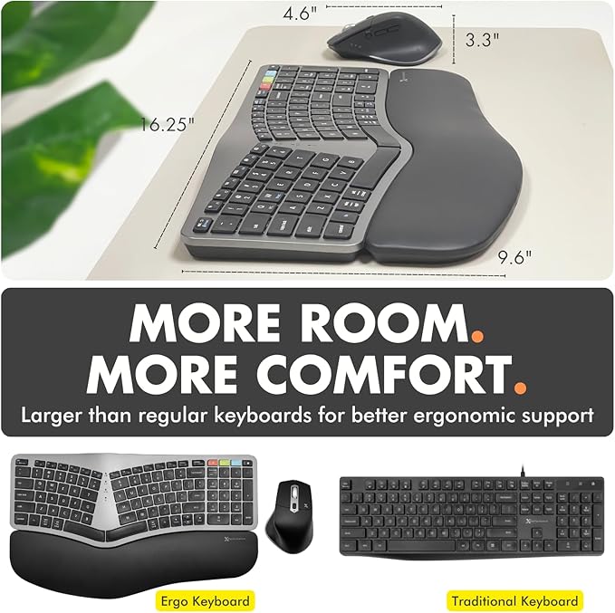 X9 Ergonomic Keyboard and Mouse Wireless Combo 2.4G+Bluetooth - Type Comfortably Longer - Ergo Split Keyboard and Mouse with Wrist Rest - Fullsize Keyboard for Laptop and PC