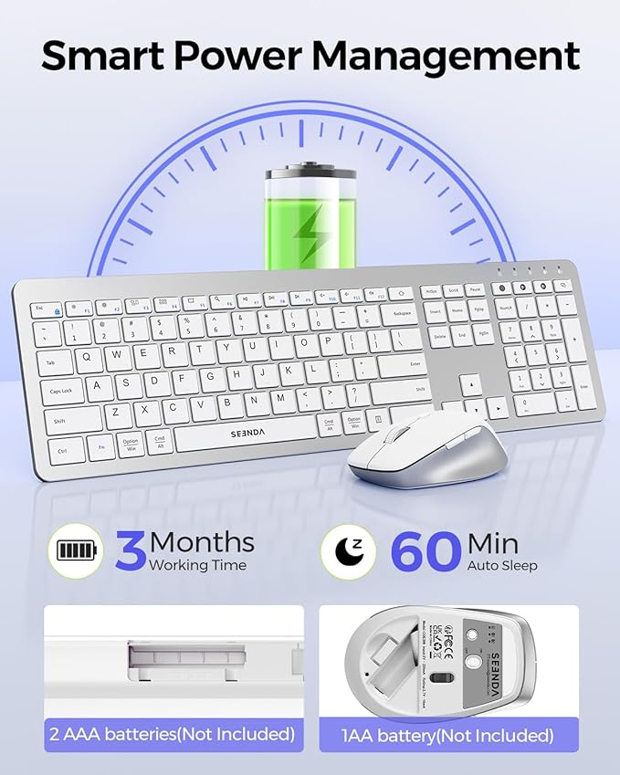 seenda Bluetooth Keyboard and Mouse, COE300 Wireless Keyboard Mouse Combo, 3 Multi-Device Connection Full Size Ultra-Slim Keyboard with Number Pad for Windows/Mac,White & Silver