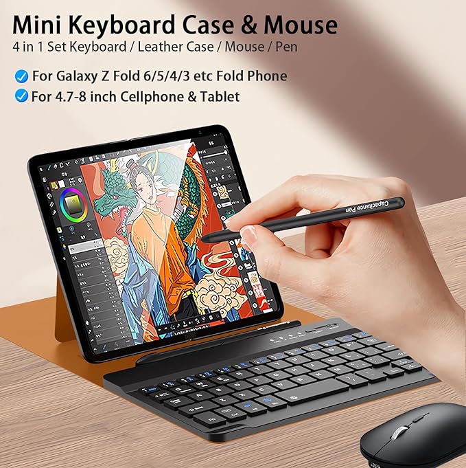 for Samsung Galaxy Z Fold 7 6 5 Keyboard and Mouse, Portable Mini 7.9inch Bluetooth Keyboard with Leather Case and Capacitive Pen, 4 in 1 Set for Z Trifold Fold7 Accessories