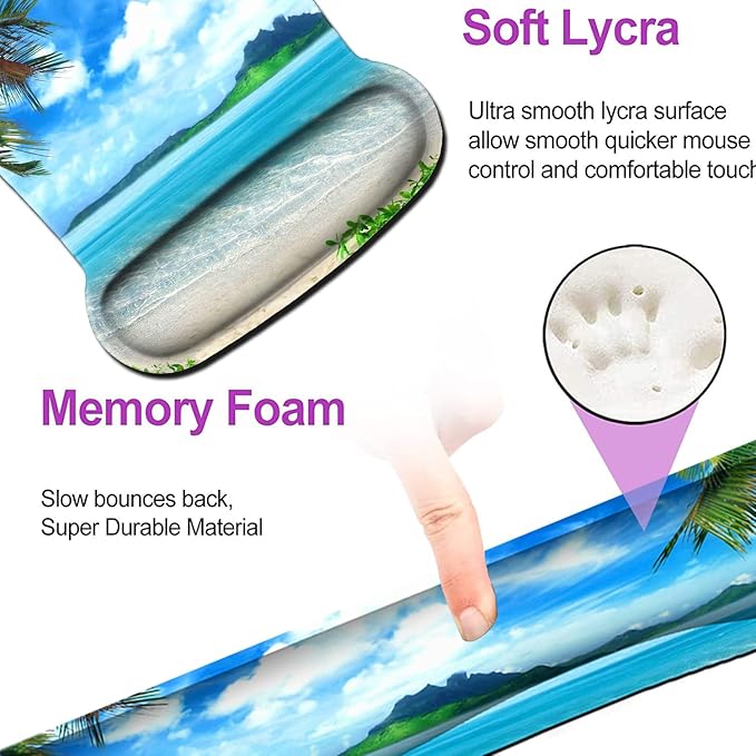 Keyboard Wrist Rest Pad and Ergonomic Mouse Pad Wrist Support Set Ocean Waves Coconut Trees on Sands Beach Seascape Scenery for Gaming, Office, Comfortable and Pain Relief with Coaster Set