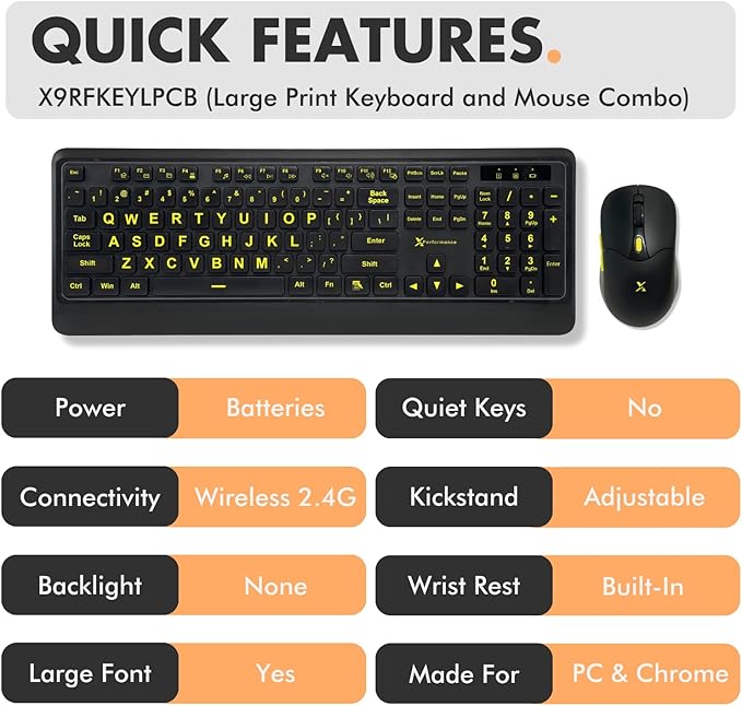 X9 Performance Large Print Wireless Keyboard and Mouse Combo - Easy to See Yellow Letters for Seniors and Low Vision Users - 2.4Ghz Wireless Mouse and Keyboard Combo for PC