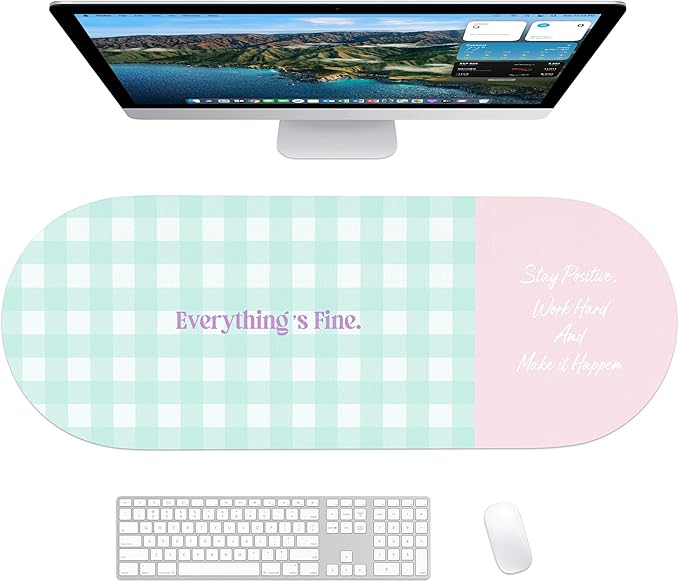 Checkered Pattern Desk Pad Protector, 35.5 x 13'' Aesthetic Mouse Mat for Desktop, Waterproof PU Leathe Non-Slip Desk Writing Pad for Office and Home, Blue-Green Pink