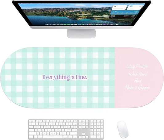 Checkered Pattern Desk Pad Protector, 35.5 x 13'' Aesthetic Mouse Mat for Desktop, Waterproof PU Leathe Non-Slip Desk Writing Pad for Office and Home, Blue-Green Pink