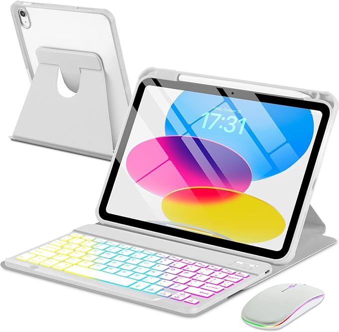 Case with Keyboard Mouse for iPad A16 11th 10th Generation 11/10.9 inch,Rainbow Backlit Detachable Keypad Rotatable Magnetic Cover with Pencil Holder for iPad 11 2025 10 Gen 2022 Gray