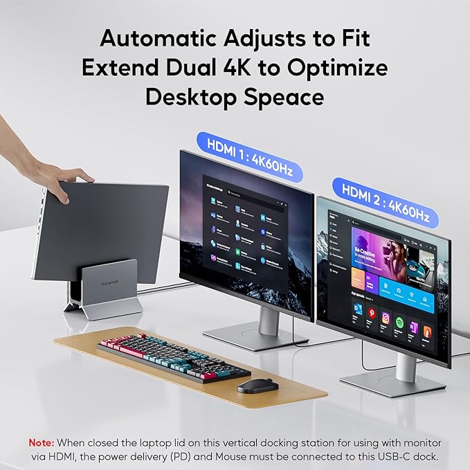 Laptop Docking Station Dual Monitor, 11 in 1 Vertical USB C Dock Stand with 2 HDMI 4K 60Hz, 3 USB A/C 10Gbps, 2 USBA 5Gbps, USB-A 2.0, Ethernet, PD 3.0 Docking Station for Type-C Laptops