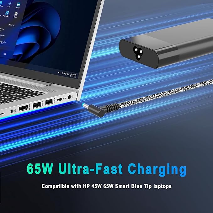 New Slim 65W 45W Laptop Charger Compatible with HP Laptop Charger Computer Spectre x360 Envy Elitebook x360 Pavilion Braided Cable Smart Blue Tip Power Cord Ac Adapter