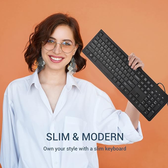 Wired Keyboard, Ultra-Thin USB Wired Computer Keyboard, Low-Profile Keys, Spill-Resistant, Multimedia Keys, Compatible with Windows, Mac, Chrome, Linux, and Android-Black