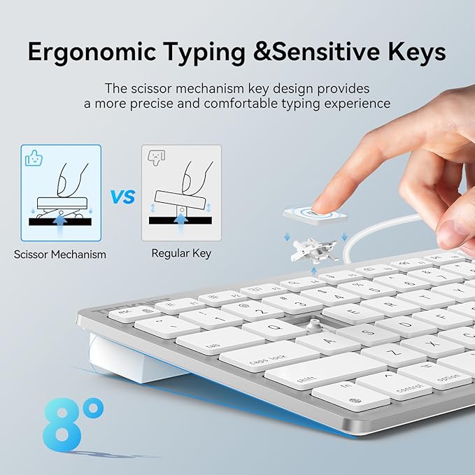 TECKNET USB Wired Keyboard and Mouse Compatible with Mac, Dual Interface(Type-C and USB A), Ergonomic Slim Keyboard Set for PC/Laptop, Compatible with MacBook, iMac, Mac mini/Pro, White