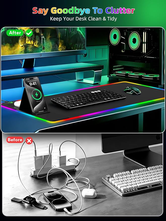 Mouse Pad with Wireless Charger Foldable Phone Holder, XXL RGB Gaming Mousepad 31.5"x15.8" Large Desk Mat for Keyboard, Black Desk Pad with Dual Qi Charging Station, 11 Colors 5 Modes
