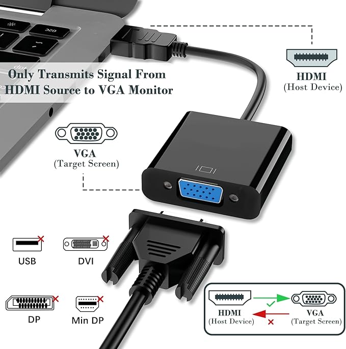 HDMI to VGA Adapter, Gold-Plated HDMI to VGA Converter (Male to Female) for Laptop, Computer, Desktop, PC, Monitor, Projector, HDTV, Chromebook, Raspberry Pi, Roku, TVbox, Xbox and More