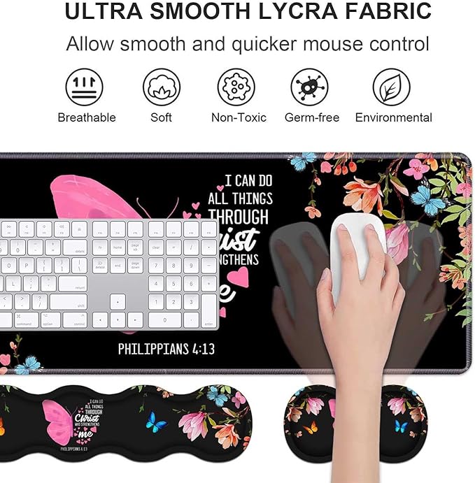 Ergonomic Keyboard Wrist Rest & Mouse Pad Wrist Rest Set,Floral Butterfly Quote Bible Verse Philippians 4:13 Large Gaming Desk Mat 31.5"x 11.8" with Memory Foam,Easy Typing Pain Relief for Home Office