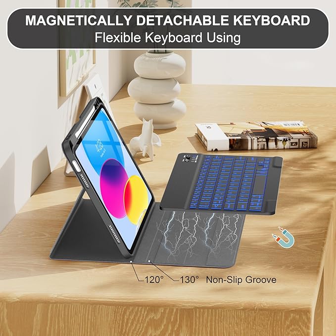 Soke for iPad (A16) 11th/10th Generation Case with Keyboard(2025/2022)-7 Color Backlight Wireless Detachable Folio Keyboard Cover with Built-in Pencil Holder for iPad 11/10.9 inch, Black Marble