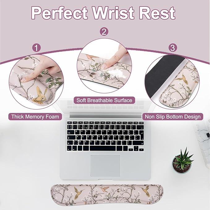 MEGREZ 4-in-1 Ergonomic Memory Foam Wrist Rest Set, Desk Pad, Mouse Pad with Wrist Rest, Keyboard Pad, Suitable for Office Workers, Programmers & Gamers–Relieve Typing & Gaming Fatigue, Light Brown